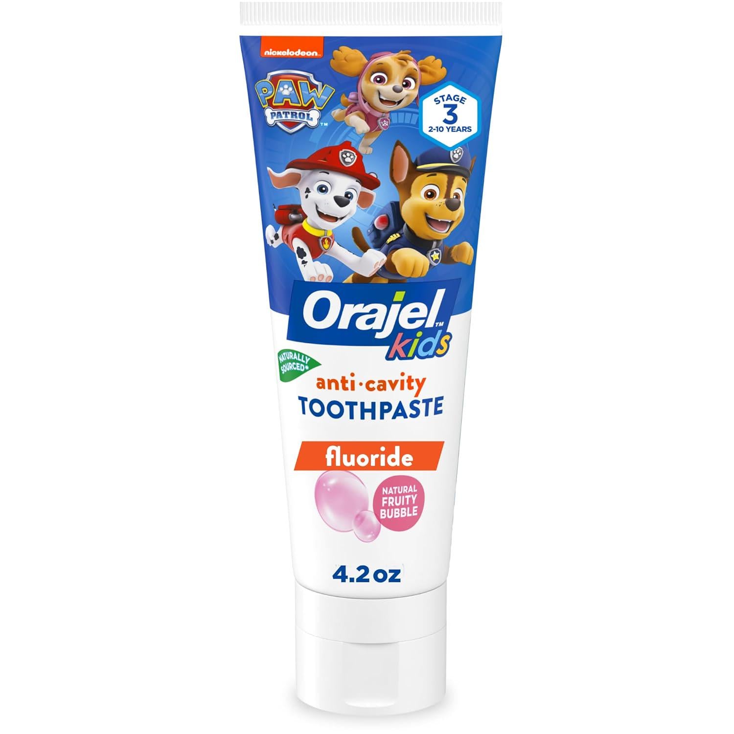 Orajel Kids Paw Patrol Anti-Cavity Fluoride Toothpaste, Natural Fruity Bubble Flavor, 4.2oz Tube,