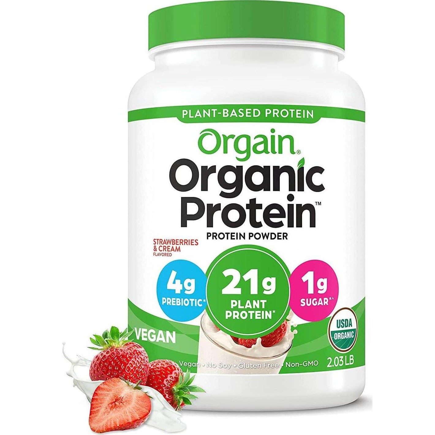 Orgain Orgain Organic Vegan Protein Powder, Strawberries And Cream - 21g Of Plant Based Protein, Low Net Carbs, Gluten/ Lactose Free, No Sugar Added, Soy Free, Non-GMO, 2.03 Lb