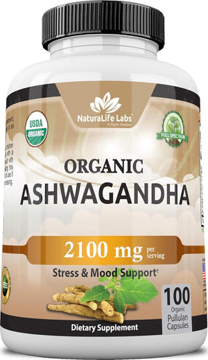 NaturaLife Labs Organic Ashwagandha 2,100 Mg - 100 Veggie Capsules Pure Organic Ashwagandha Powder And Root Extract - Stress Relief, Mood Enhancer