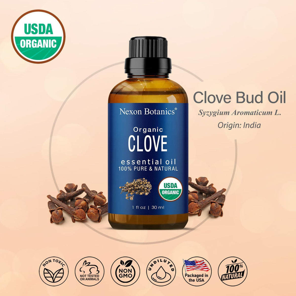 Nexon Botanics Organic Clove Essential Oil, 30ml, Pure Natural, Undiluted, for Toothache, Sore Muscles, Skin & Hair Care, 100% Pure Clove Bud Oil