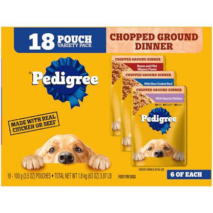 Pedigree Adult Wet Dog Food Chopped Ground Dinner Variety Pack 3.5 oz Pouches Pack of 18