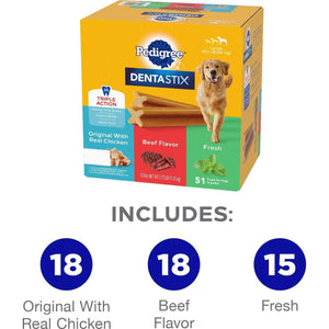 Pedigree Dentastix Dental Treats, Large Dog Variety Pack, 51 Treats, Beef, Original, Fresh Flavors, 2.73 lb
