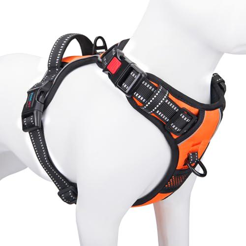 Phoepet No Pull Reflective Dog Harness Medium Orange with Handle 2 Metal Rings 3 Buckles Easy Wear
