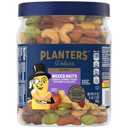 Planters PLANTERS Deluxe Mixed Nuts, Cashews, Almonds, Pecans, Pistachios, Hazelnuts, Roasted With Sea Salt, Party Snacks, Plant-Based Protein Nut Mix, Snacks For Adults, After School Snack Mix, 27oz