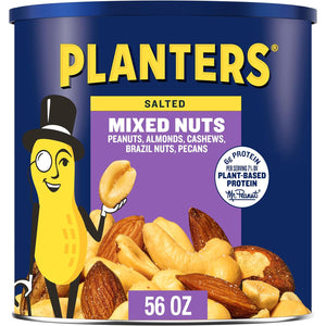 Planters Salted Mixed Nuts, Peanuts, Almonds, Cashews, Brazil Nuts & Pecans, Party Snack, Plant-Based Protein, 56oz Canister
