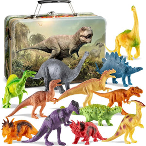 PlayVibe Dinosaur Toy Set, 12 Realistic Small Dinos + Metal Storage Box & Soft Dino, Ages 3–7 Gift