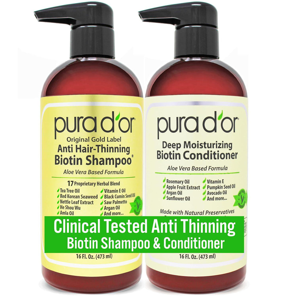 PURA D'OR PURA D'OR Anti-Thinning Biotin Shampoo And Deep Moisturizing Conditioner Original Gold Label Set (16oz X2) Natural Earthy Scent, CLINICALLY TESTED Effective Results, DHT Blocker Thickening, Women And Men