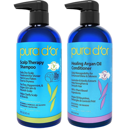 PURA D'OR PURA D'OR Scalp Therapy Shampoo And Conditioner Set (16oz X 2) Dry, Itchy Scalp-Hydrates And Nourishes Hair W/Tea Tree, Peppermint, Argan Oil And Biotin, All Hair Type, 3 In 1, Men Women (Packaging Varies)