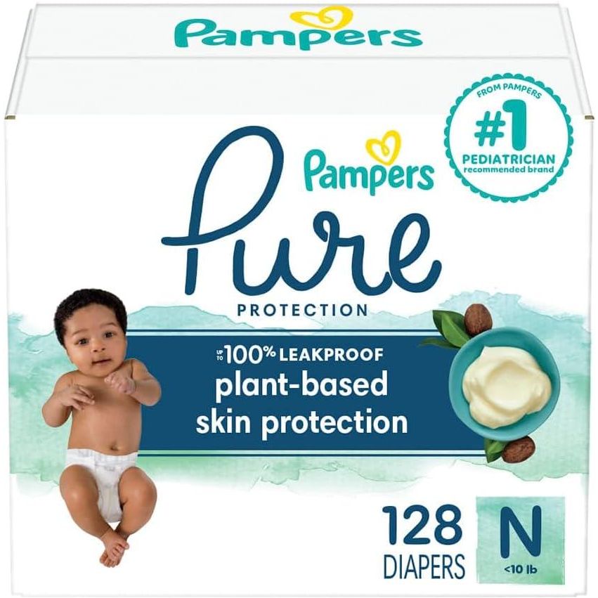 Pampers Pure Protection Diapers Newborn - Size 0, 128 Count, Hypoallergenic Premium Disposable Baby Diapers,