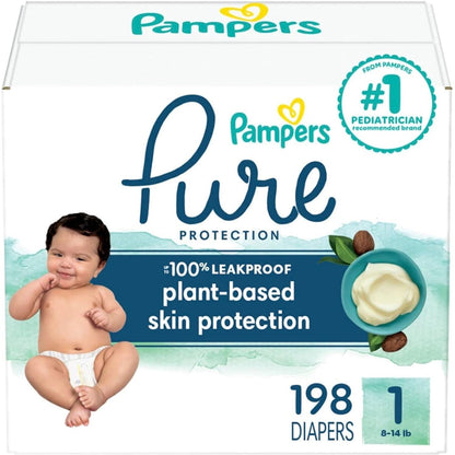 Pampers Pure Protection Diapers - Size 1, One Month Supply (198 Count), Hypoallergenic Premium Disposable Baby Diapers,