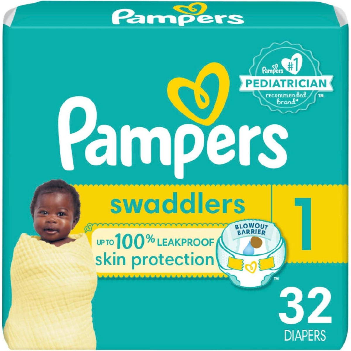 Pampers Swaddlers Diapers - Size 1, 32 Count, Ultra Soft Disposable Baby Diapers,