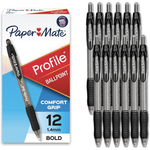 Paper Mate Profile Retractable Ballpoint Pens, Bold Point (1.4mm), Black, 12 Count,