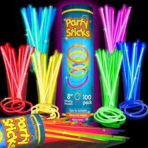 Partysticks 100 Pack 8 Inch Glow Sticks Neon Party Favors Bracelets Necklaces with Connectors