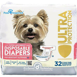 Paw Inspired Disposable Female Dog Diapers X Small 32 Count for Heat Excitability or Incontinence