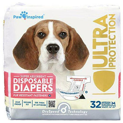 Paw Inspired Disposable Female Dog Diapers Medium 32 Count for Heat Incontinence or Training
