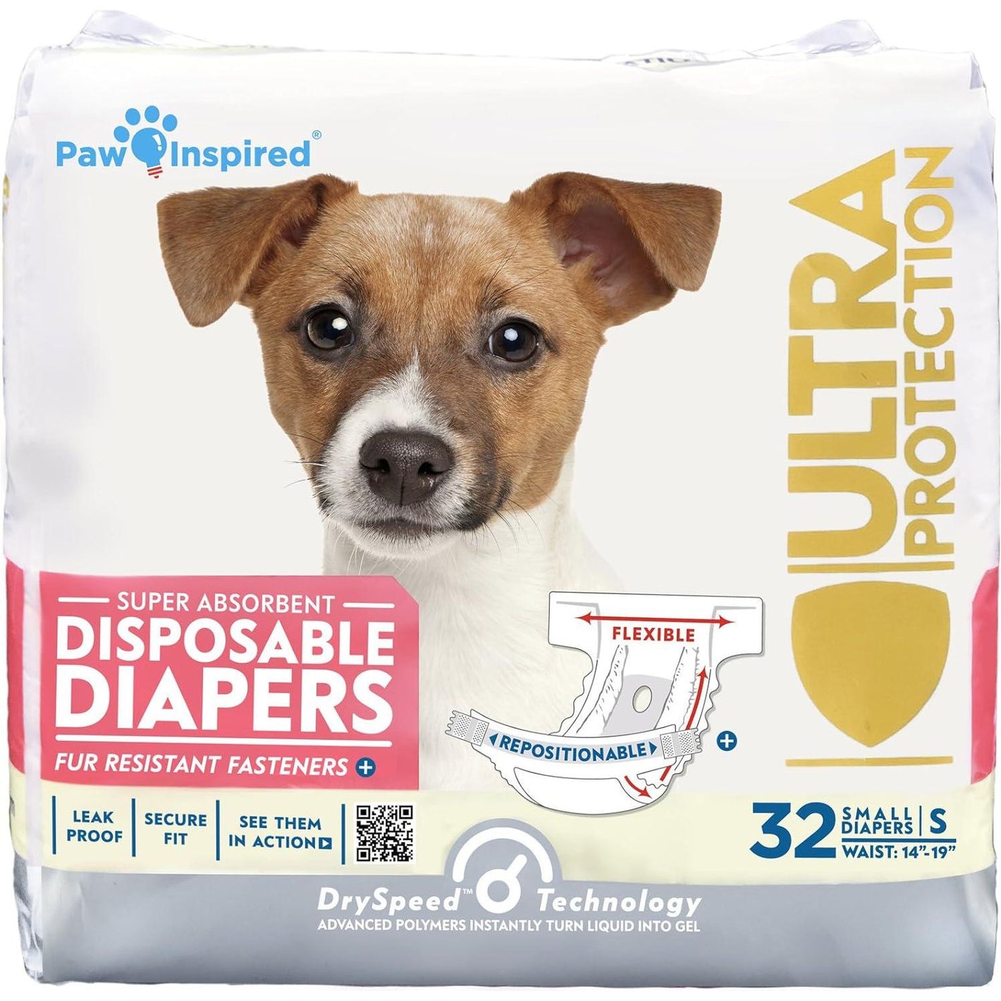 Paw Inspired Female Dog Diapers 32 Count Disposable Small Ultra Protection for Heat Excitable Urination Incontinence
