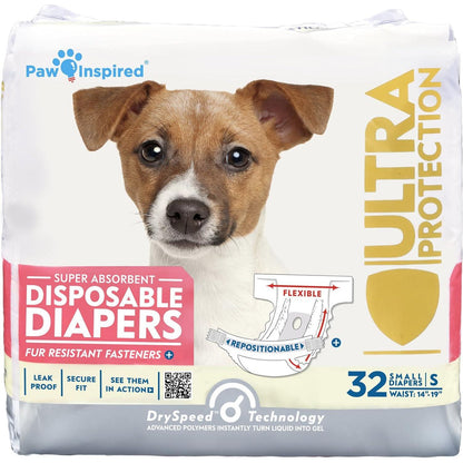 Paw Inspired Female Dog Diapers 32 Count Disposable Small Ultra Protection for Heat Excitable Urination Incontinence