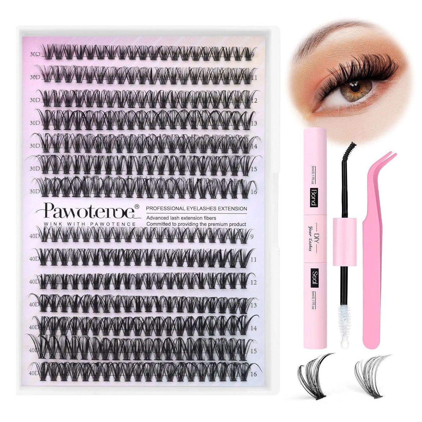 Pawotence Pawotence Lash Extension Kit DIY 280pcs Lash Clusters Eyelash Extension Kit, 9-16mm 30D 40D Individual Lashes Kit With Lash Bond And Seal, Lash Tweezers For Self Use (30D&40D, 0.07D, 9-16mm, Kit)