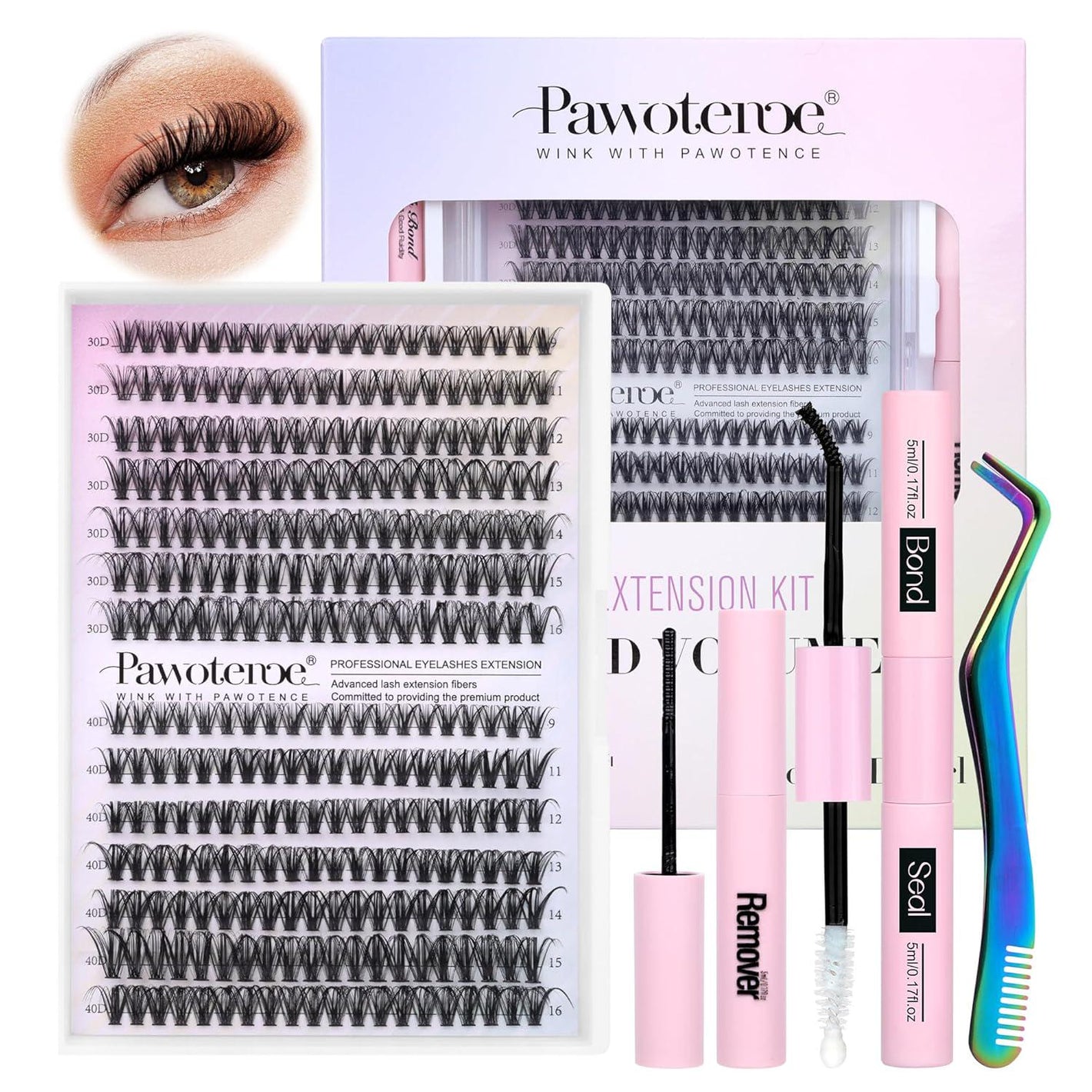 Pawotence Pawotence Lash Extension Kit DIY 280pcs Individual Lash Clusters Kit 30D 40D Cluster Eyelash Extensions Kit With Lash Bond And Seal, Lash Remover, Lash Tweezers For Self Use (30D&40D, 9-16mm, All Kit)