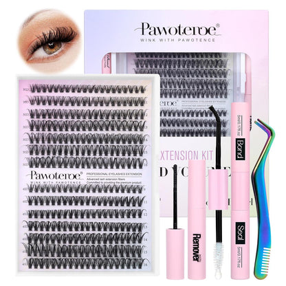 Pawotence Pawotence Lash Extension Kit DIY 280pcs Individual Lash Clusters Kit 30D 40D Cluster Eyelash Extensions Kit With Lash Bond And Seal, Lash Remover, Lash Tweezers For Self Use (30D&40D, 9-16mm, All Kit)