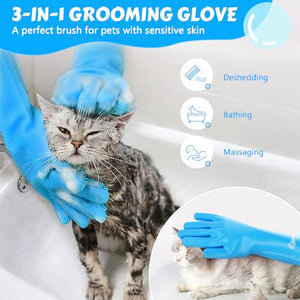 Pecute Pet Grooming Gloves Silicone with Five Finger Design for Bathing Massaging Dogs Cats Blue