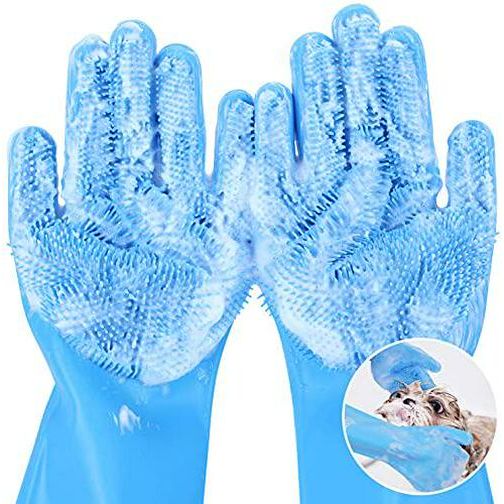 Pecute Pet Grooming Gloves Silicone with Five Finger Design for Bathing Massaging Dogs Cats Blue