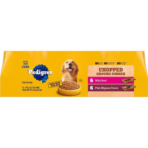 Pedigree Chopped Ground Dinner Wet Dog Food Variety Pack 12 Count 13.2 oz Cans Filet Mignon Beef