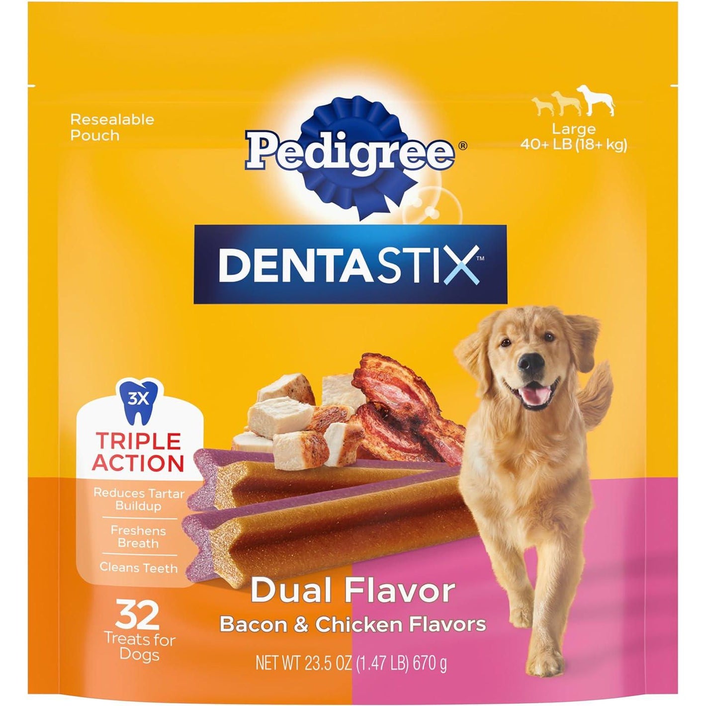 Pedigree Dentastix Dual Flavor Large Dog Treats Bacon and Chicken 32 Count 1.47 lb Bag