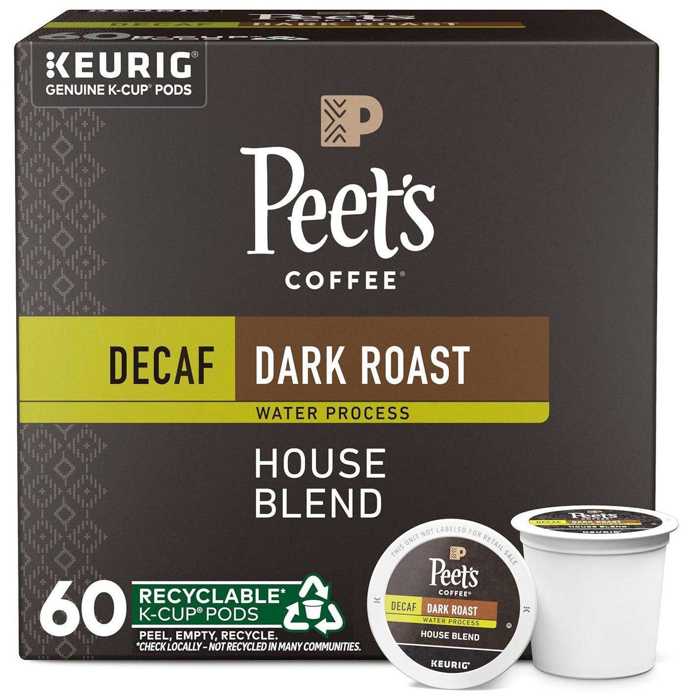 Peet's Coffee Peet's Coffee, Dark Roast Decaffeinated Coffee K-Cup Pods For Keurig Brewers - Decaf House Blend 60 Count (6 Boxes Of 10 K-Cup Pods)