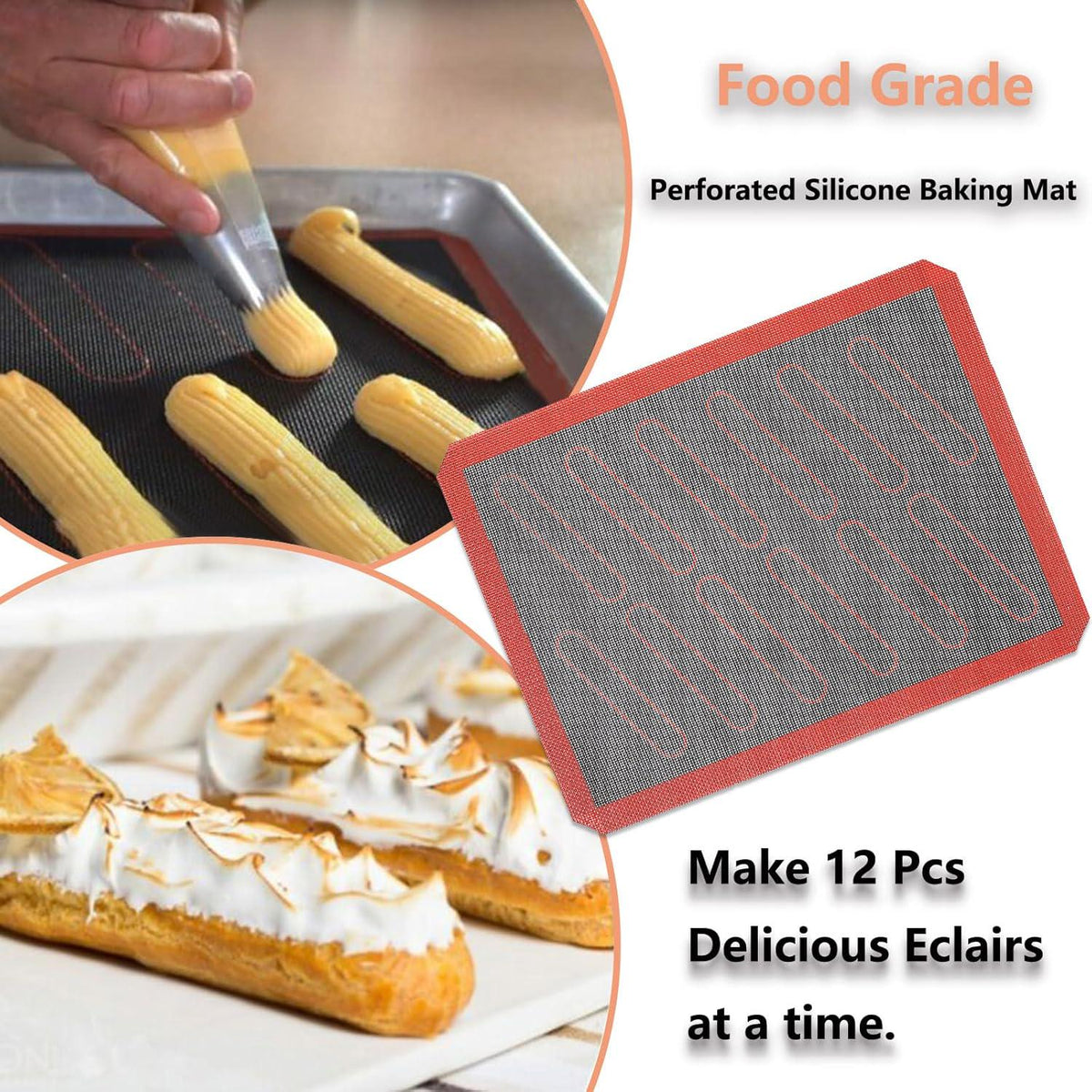 Perforated Silicone Baking Mats, 2 PCS Eclair Silicone Mat For Half Sheet With 12 Printed Oblong Eclair Guides, Non-Stick Reusable Oven Liners For Making Bread/Pizza/Pastry/Cookie 11-4/5 X 15-3/4,779296511131
