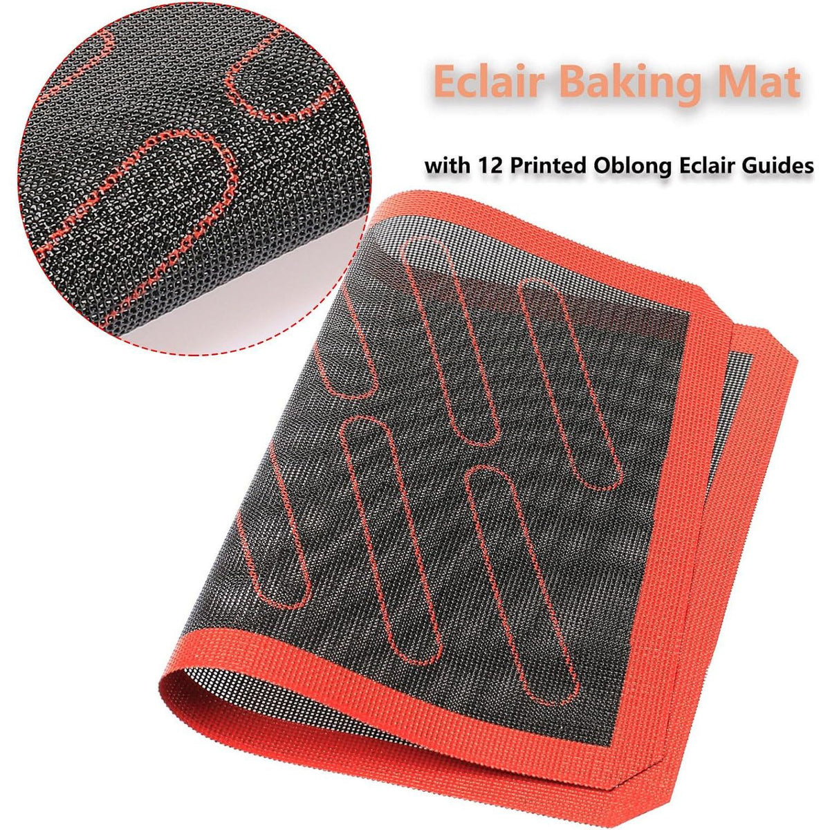 Perforated Silicone Baking Mats, 2 PCS Eclair Silicone Mat For Half Sheet With 12 Printed Oblong Eclair Guides, Non-Stick Reusable Oven Liners For Making Bread/Pizza/Pastry/Cookie 11-4/5 X 15-3/4,779296511131
