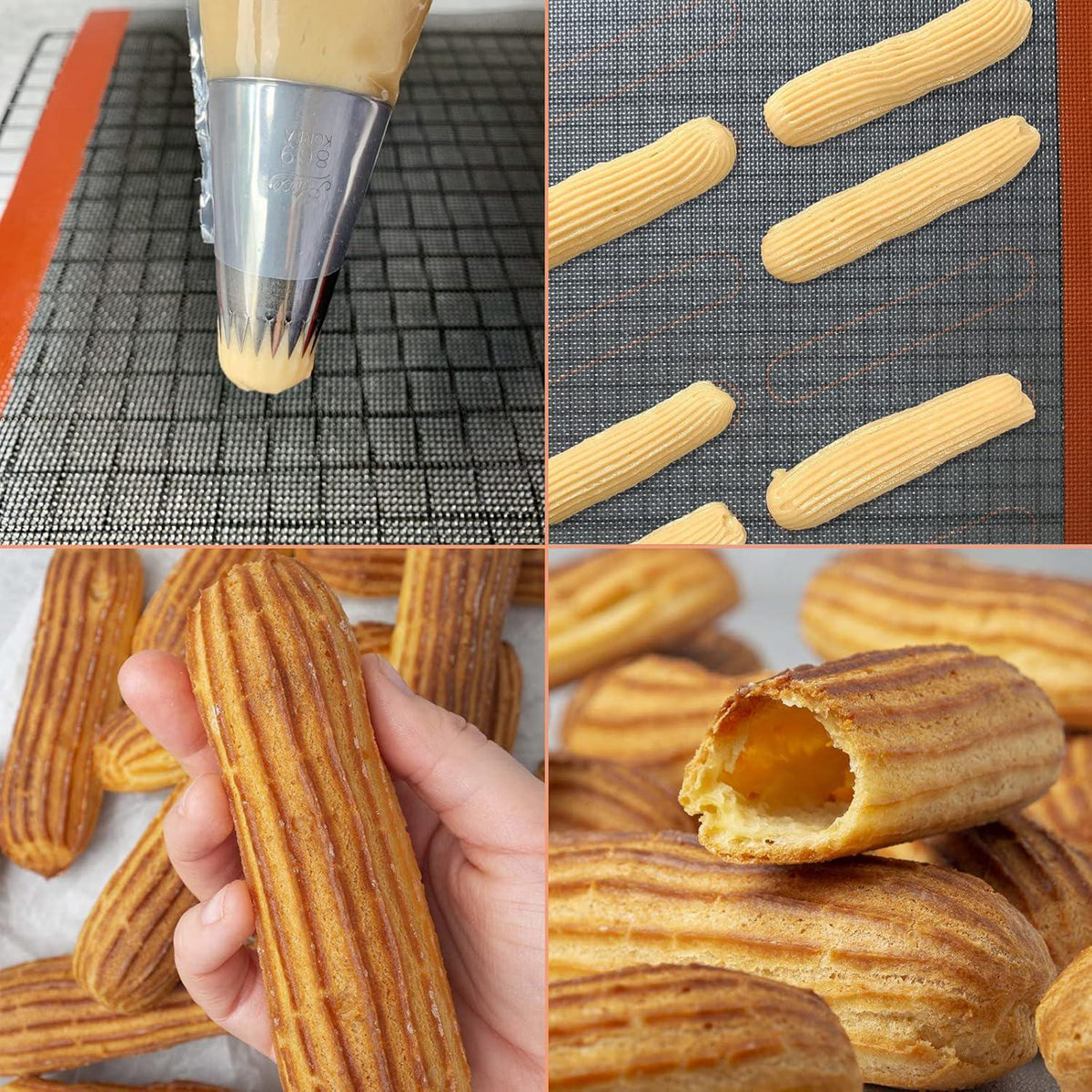 Perforated Silicone Baking Mats, 2 PCS Eclair Silicone Mat For Half Sheet With 12 Printed Oblong Eclair Guides, Non-Stick Reusable Oven Liners For Making Bread/Pizza/Pastry/Cookie 11-4/5 X 15-3/4,779296511131