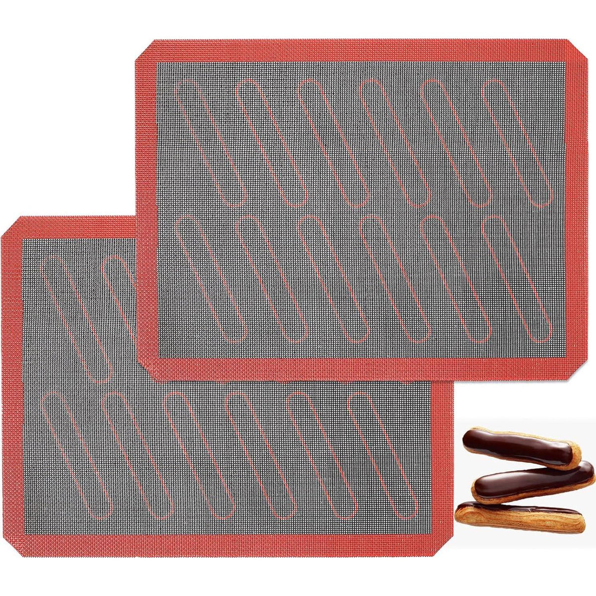Perforated Silicone Baking Mats, 2 PCS Eclair Silicone Mat For Half Sheet With 12 Printed Oblong Eclair Guides, Non-Stick Reusable Oven Liners For Making Bread/Pizza/Pastry/Cookie 11-4/5 X 15-3/4,779296511131