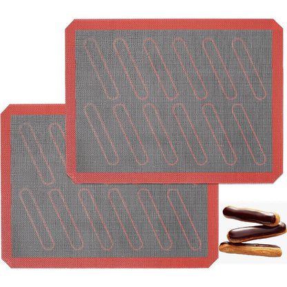 Perforated Silicone Baking Mats, 2 PCS Eclair Silicone Mat For Half Sheet With 12 Printed Oblong Eclair Guides, Non-Stick Reusable Oven Liners For Making Bread/Pizza/Pastry/Cookie 11-4/5 X 15-3/4,779296511131