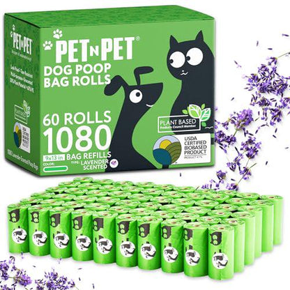 PET N PET Dog Poop Bags, 1080 Ct, 38% Plant-Based, Lavender Scented, 9x13", Leak-Proof, Rolls for Dispensers