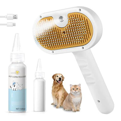 Jicoot 3 in 1 Pet Steam Brush for Cats and Dogs Hair Remover Comb Waterless Shampoo Spray Brush