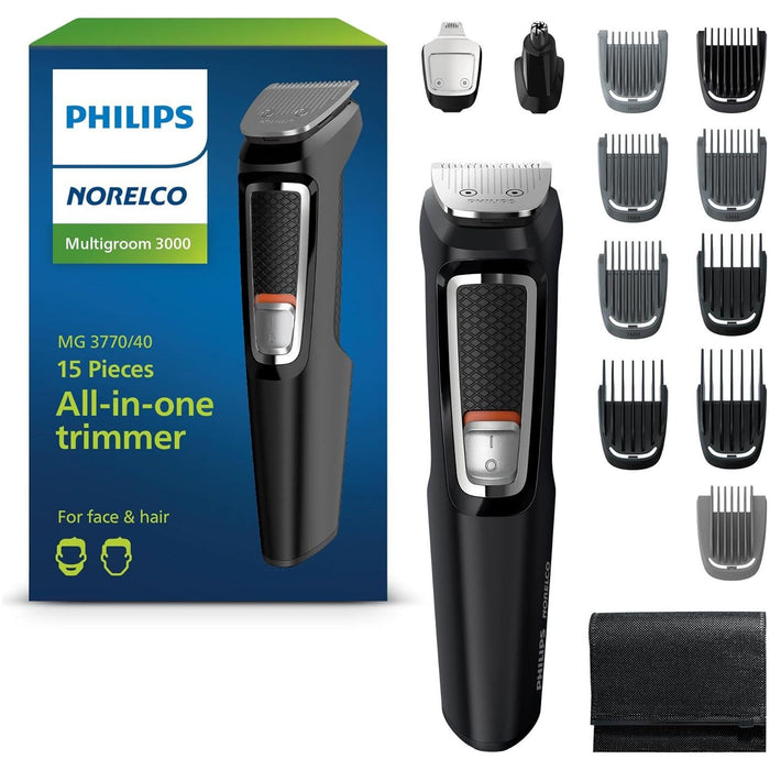 Philips Norelco Philips Norelco Multigroom 3000 Series, All-in-One Trimmer, Beard Trimmer And Hair Clipper, 15-Piece Men's Grooming Kit For Head, Beard, Face, Nose, Ears, No Blade Oil Needed, Soft Pouch, MG3770/40