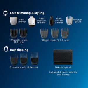 Philips Norelco Philips Norelco Multigroom 3000 Series, All-in-One Trimmer, Beard Trimmer And Hair Clipper, 15-Piece Men's Grooming Kit For Head, Beard, Face, Nose, Ears, No Blade Oil Needed, Soft Pouch, MG3770/40