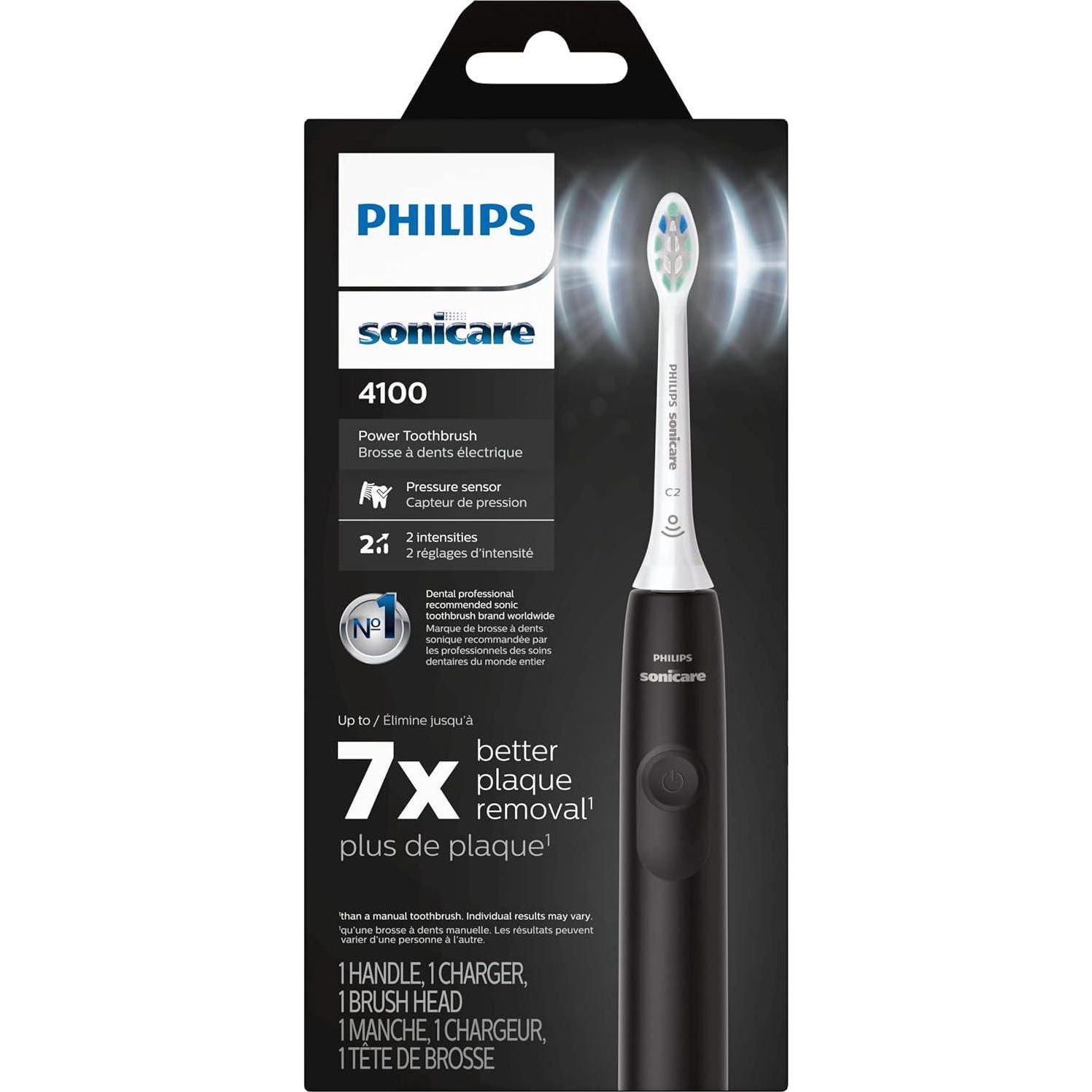 Philips Sonicare 4100 Rechargeable Electric Toothbrush, With Pressure Sensor, 2 Intensity Settings, SmarTimer And QuadPacer, 14-Day Battery Life, Black, Model HX3681/24,