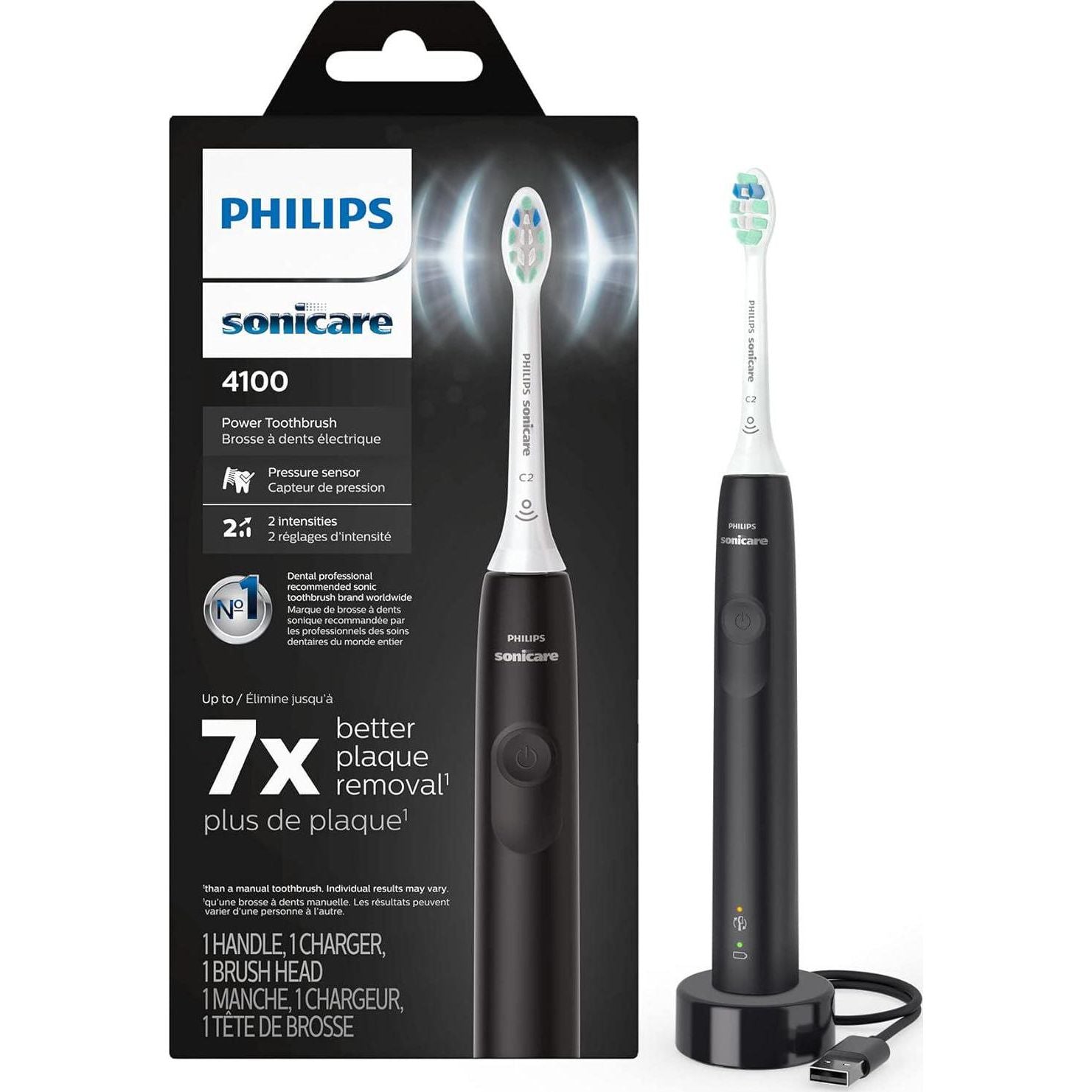 Philips Sonicare 4100 Rechargeable Electric Toothbrush, With Pressure Sensor, 2 Intensity Settings, SmarTimer And QuadPacer, 14-Day Battery Life, Black, Model HX3681/24,