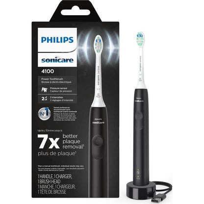 Philips Sonicare 4100 Rechargeable Electric Toothbrush, With Pressure Sensor, 2 Intensity Settings, SmarTimer And QuadPacer, 14-Day Battery Life, Black, Model HX3681/24,