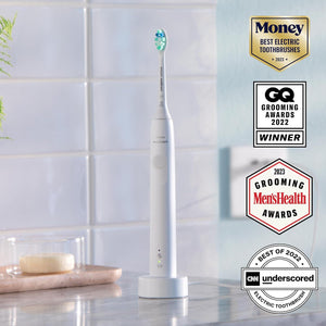 Philips Sonicare 4100 Rechargeable Electric Toothbrush, With Pressure Sensor, 2 Intensity Settings, SmarTimer And QuadPacer, 14-Day Battery Life, White, Model HX3681/23,