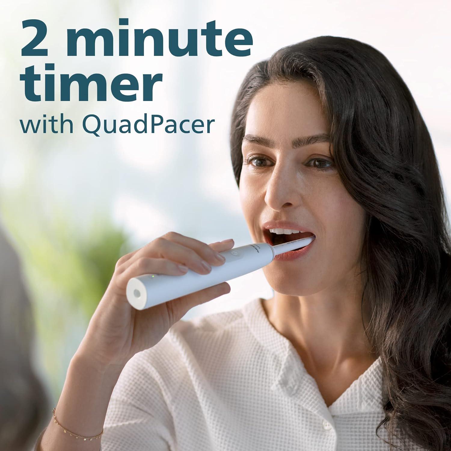 Philips Sonicare 4100 Rechargeable Electric Toothbrush, With Pressure Sensor, 2 Intensity Settings, SmarTimer And QuadPacer, 14-Day Battery Life, White, Model HX3681/23,
