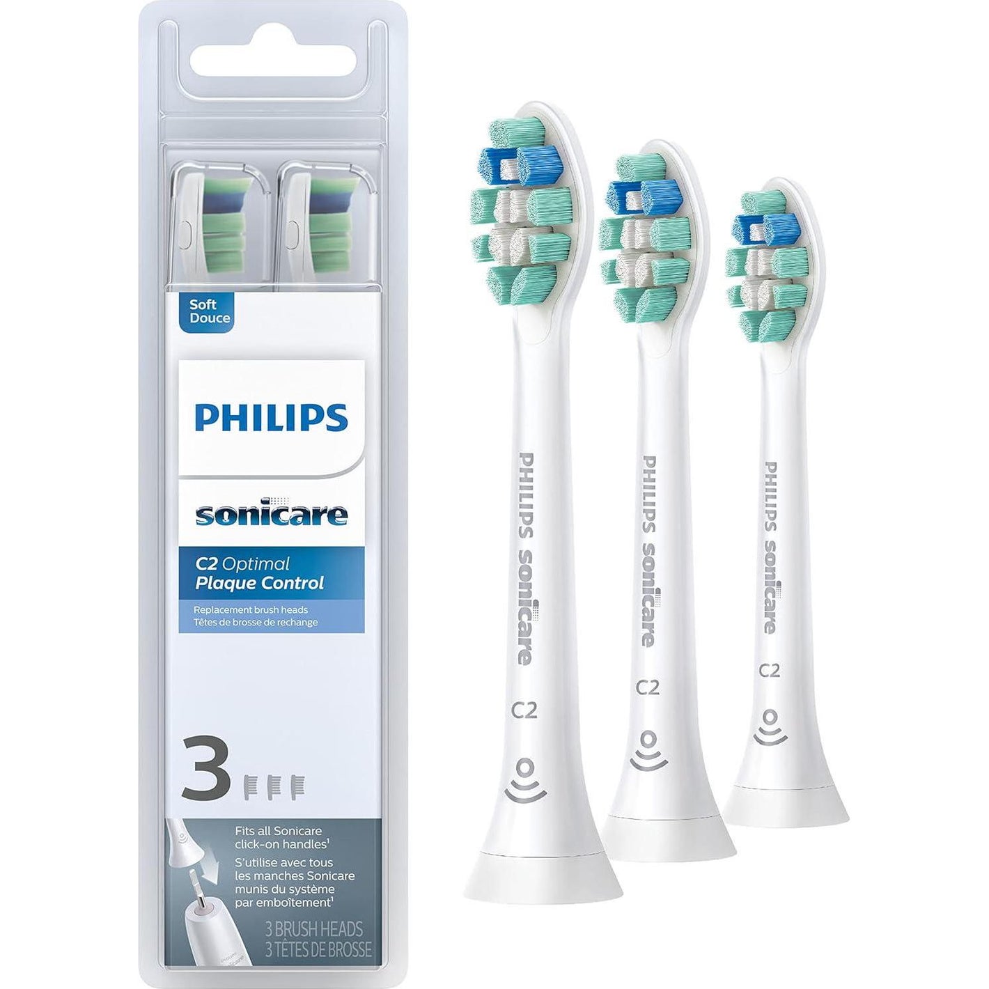 Philips Sonicare Genuine C2 Optimal Plaque Control Toothbrush Heads, 3 Brush Heads, White, HX9023/65