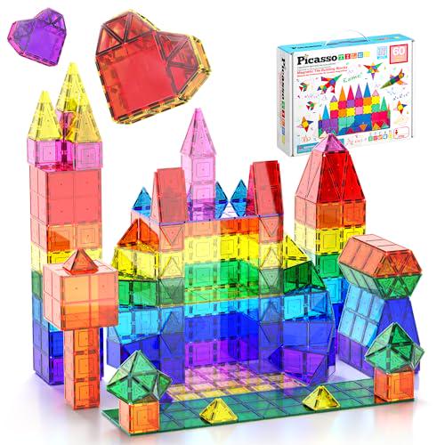PicassoTiles Magnetic Building Blocks 60 Piece Set Clear 3D Construction Playset for Creative Learning Fun