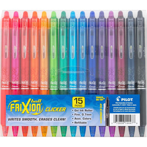 Pilot, FriXion Clicker Erasable Gel Pens, Fine Point 0.7 Mm, Pack Of 15, Assorted Colors,