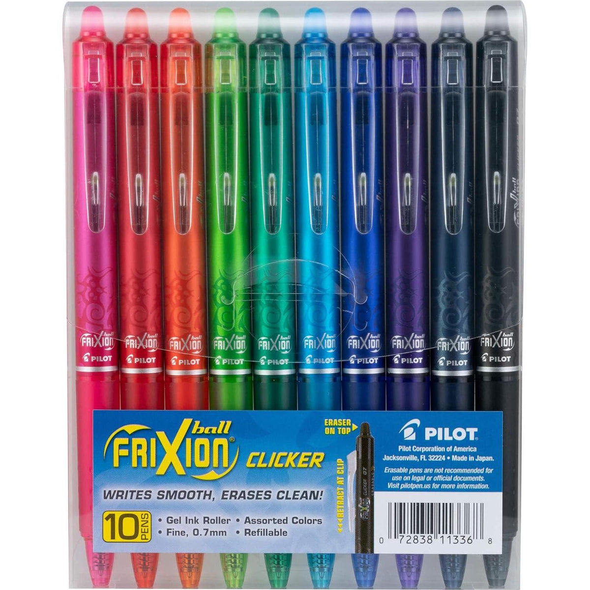 Pilot, FriXion Clicker Erasable Gel Pens, Fine Point 0.7 Mm, Pack Of 10, Assorted Colors,