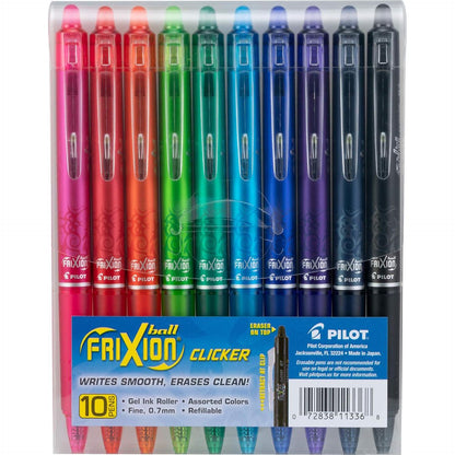 Pilot, FriXion Clicker Erasable Gel Pens, Fine Point 0.7 Mm, Pack Of 10, Assorted Colors,