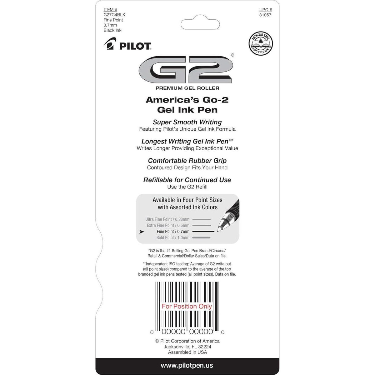 Pilot, G2 Premium Gel Roller Pens, Fine Point 0.7 Mm, Black, Pack Of 4,