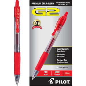 Pilot, G2 Premium Gel Roller Pens, Bold Point 1 Mm, Pack Of 12, Red,